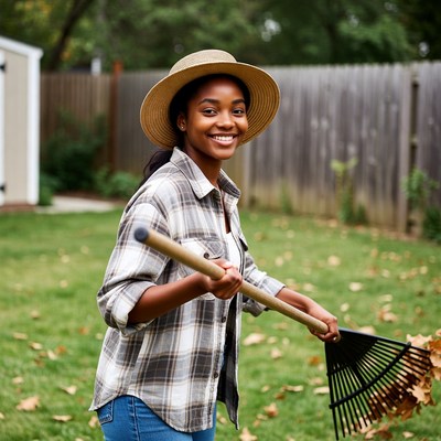 African-American woman raking leaves