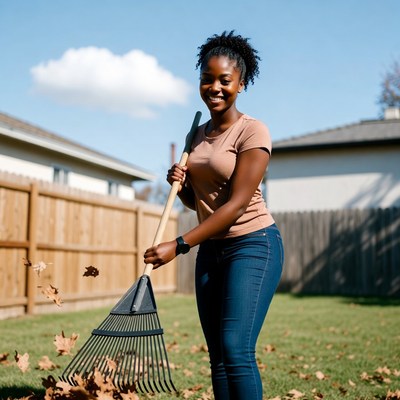 African-American woman raking leaves