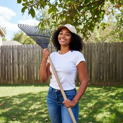 African-American woman holding rake