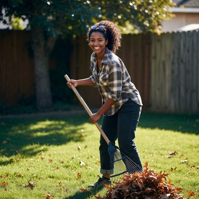 African-American woman raking leaves