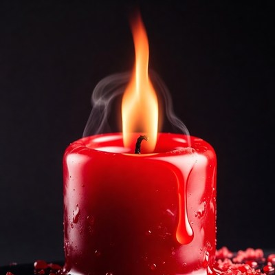Red Candle Burning with Wax Dripping