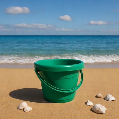 Green beach bucket with seashells