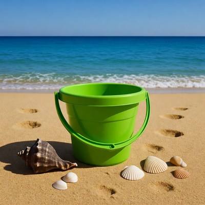 Green beach bucket with seashells