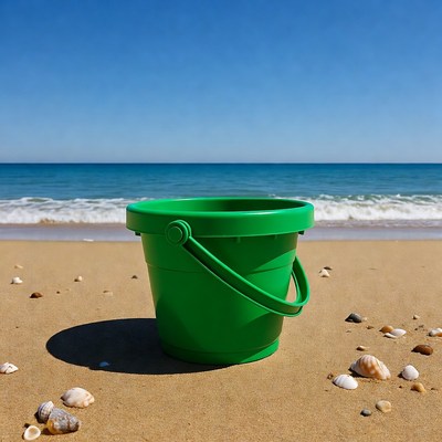 Green beach bucket on sand
