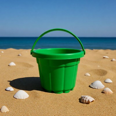 Green beach bucket with seashells