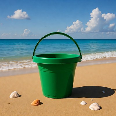 Green beach bucket with seashells