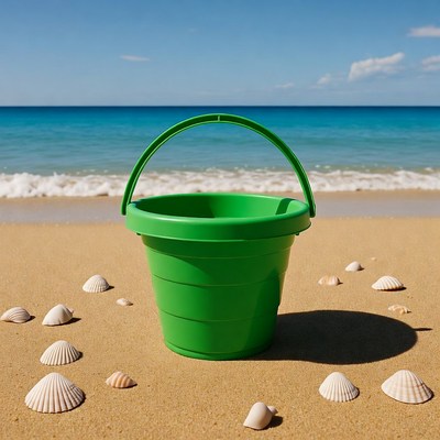 Green beach bucket with seashells