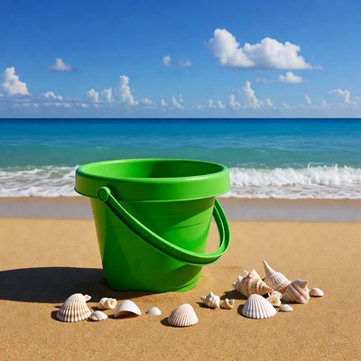 Green beach bucket with seashells
