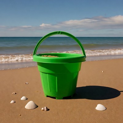 Green beach bucket with seashells