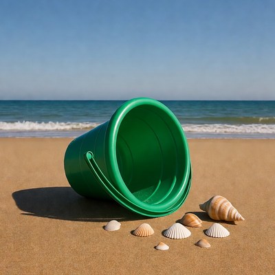 Green bucket with seashells on beach