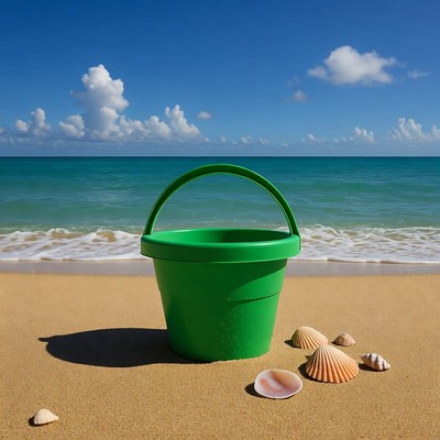 Green beach bucket with seashells