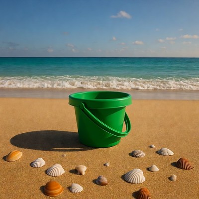 Green beach bucket with seashells