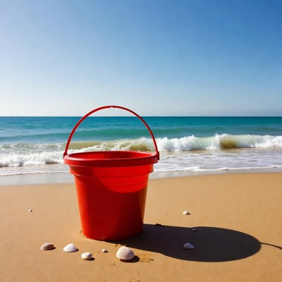 Red Bucket on Beach with Seashells