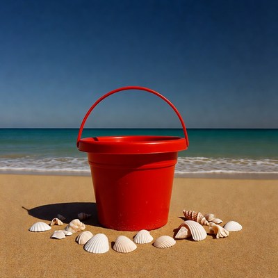 Red beach bucket with seashells