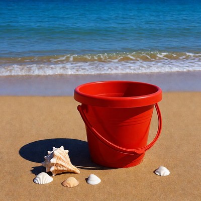 Red Beach Bucket with Seashells
