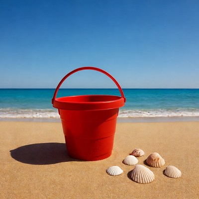 Red beach bucket with seashells