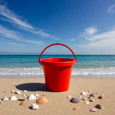Red Beach Bucket with Seashells