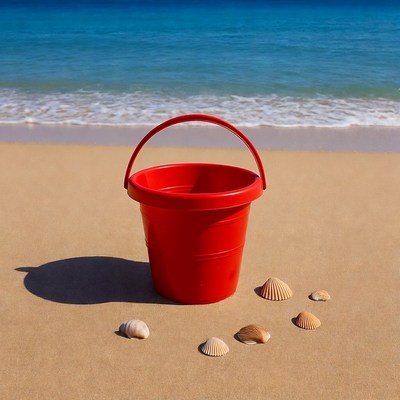 Red beach bucket with seashells