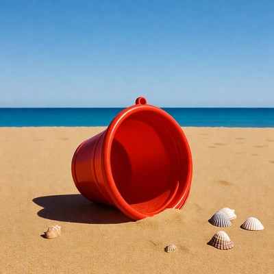 Red beach pail with seashells