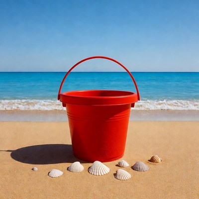 Red Beach Bucket with Seashells