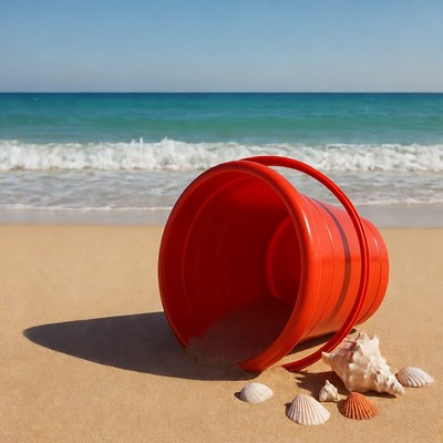 Red beach bucket with seashells