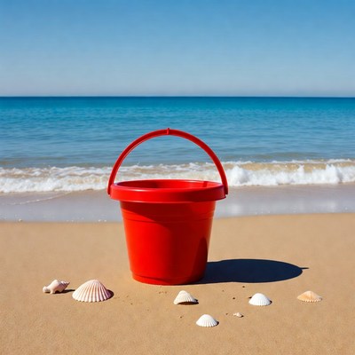 Red beach pail with seashells
