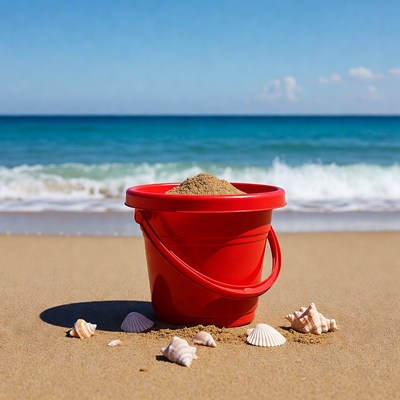 Red Beach Bucket with Sand and Shells