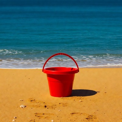 Red bucket on beach
