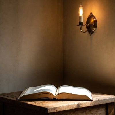 Open book on wooden table by candlelight