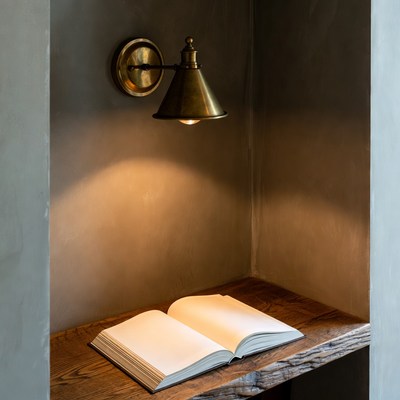Open book on wooden shelf with wall light