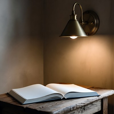 Open book on wooden table under lamp