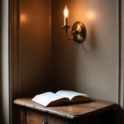 Open book on wooden table under candlelit wall sconce