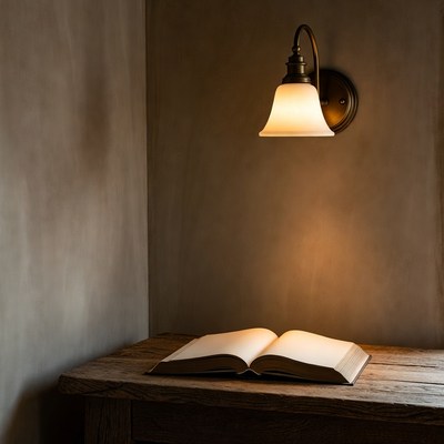 Open book under wall lamp