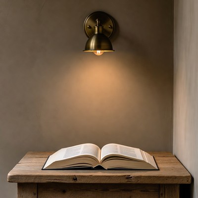 Open book on wooden table under wall lamp