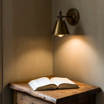 Lit open book on wooden nightstand