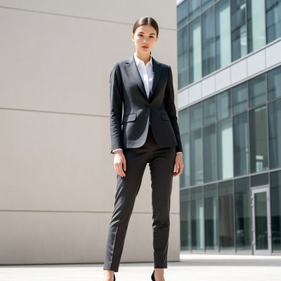 Asian woman in business suit outdoors