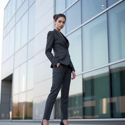 Woman in gray suit against glass building