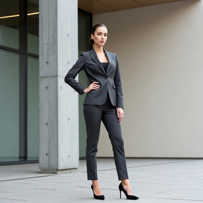 Woman in gray suit standing confidently