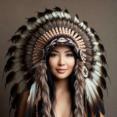 Asian woman wearing Native American headdress