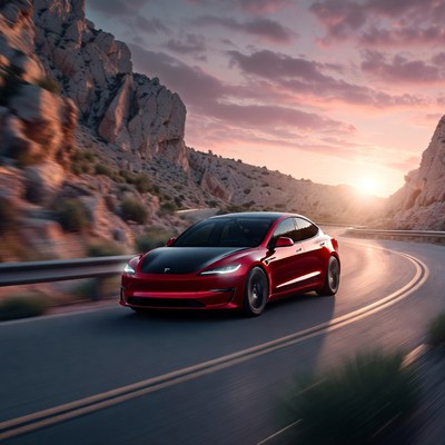 Red Tesla Model 3 Driving Mountain Road
