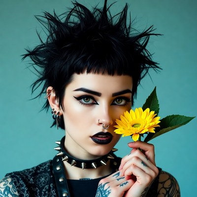 Punk woman holding yellow daisy