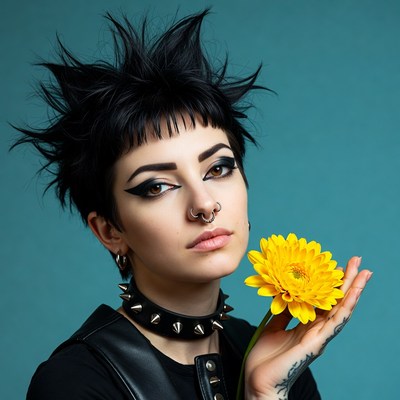 Punk woman holding yellow flower