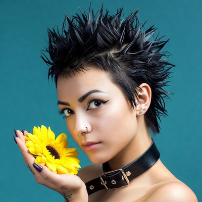 Woman with spiked hair holding sunflower