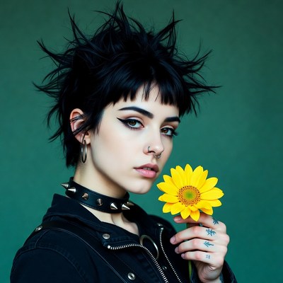 Woman with spiky hair holding sunflower