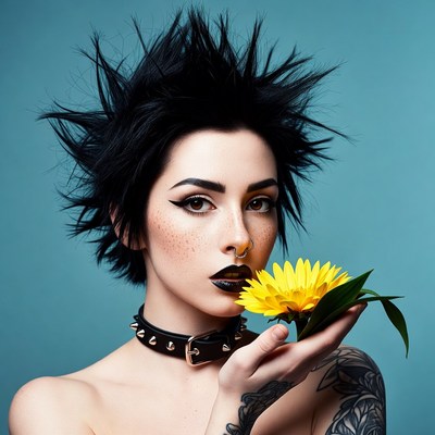 Punk woman holding yellow flower