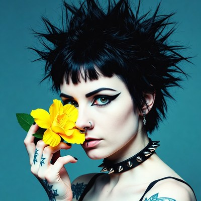 Woman with spiky hair holding yellow flower