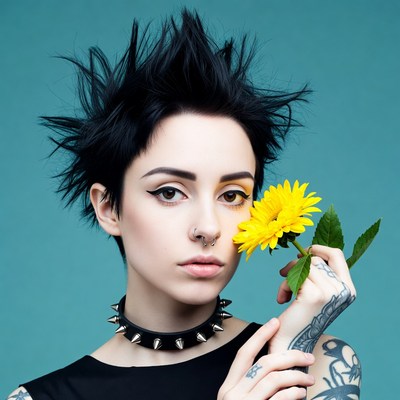 Punk woman holding yellow flower