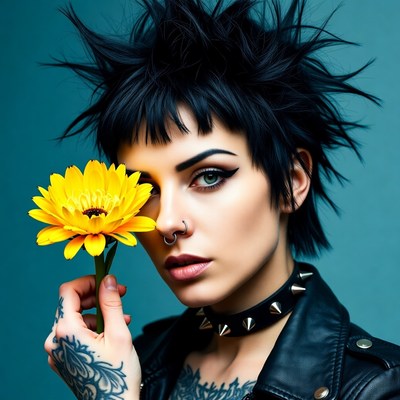 Punk woman holding yellow flower