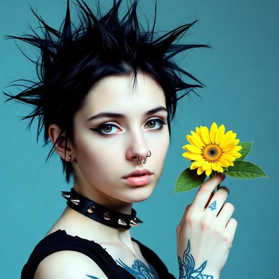 Punk girl holding sunflower