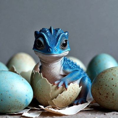 Blue baby dragon hatching from egg
